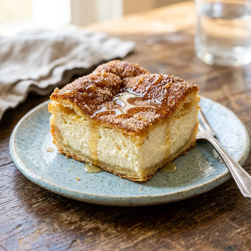 Delicious Sopapilla Cheesecake topped with cinnamon and sugar on a serving plate.