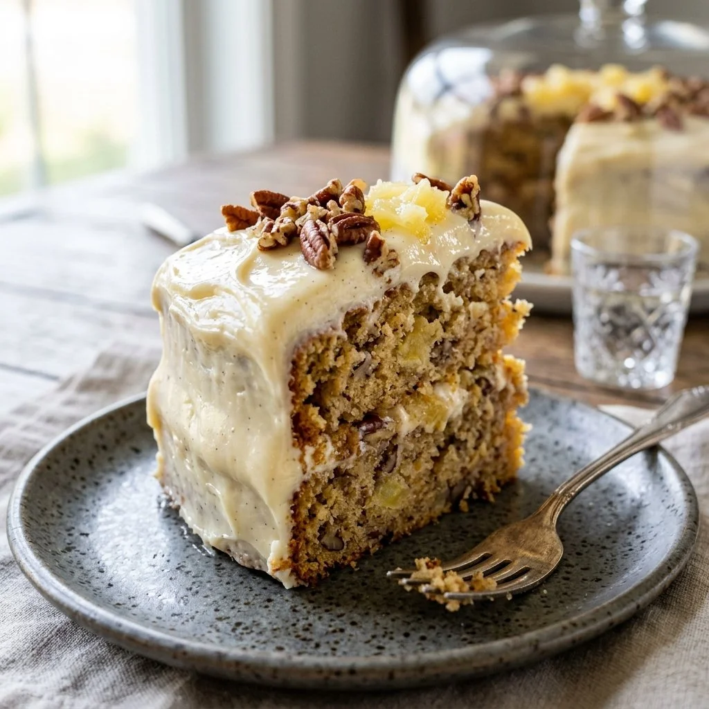 Slice of Southern Hummingbird Cake on a plate with tropical toppings