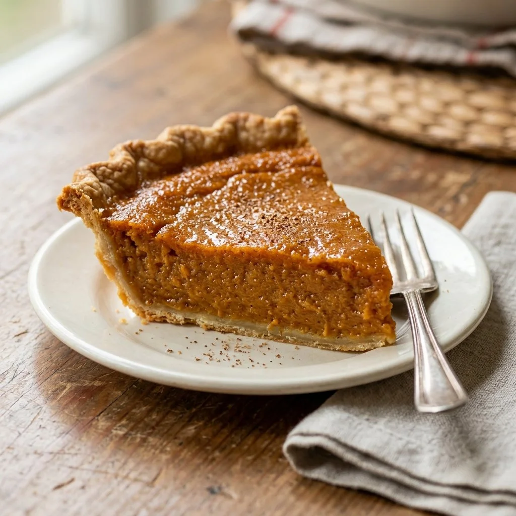 Delicious Southern sweet potato pie with creamy filling served on a rustic table.