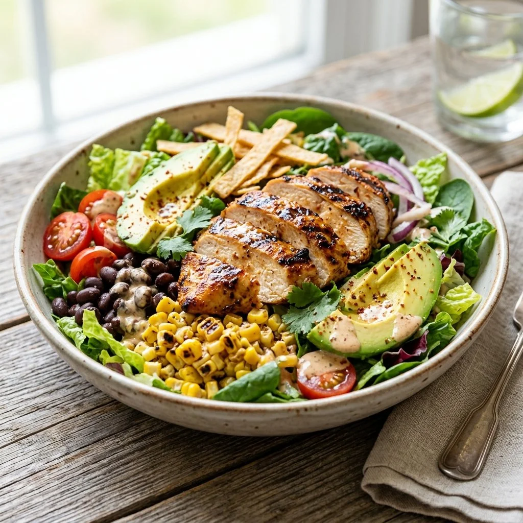 Delicious Southwest Chicken Salad with grilled chicken, colorful vegetables, and dressing