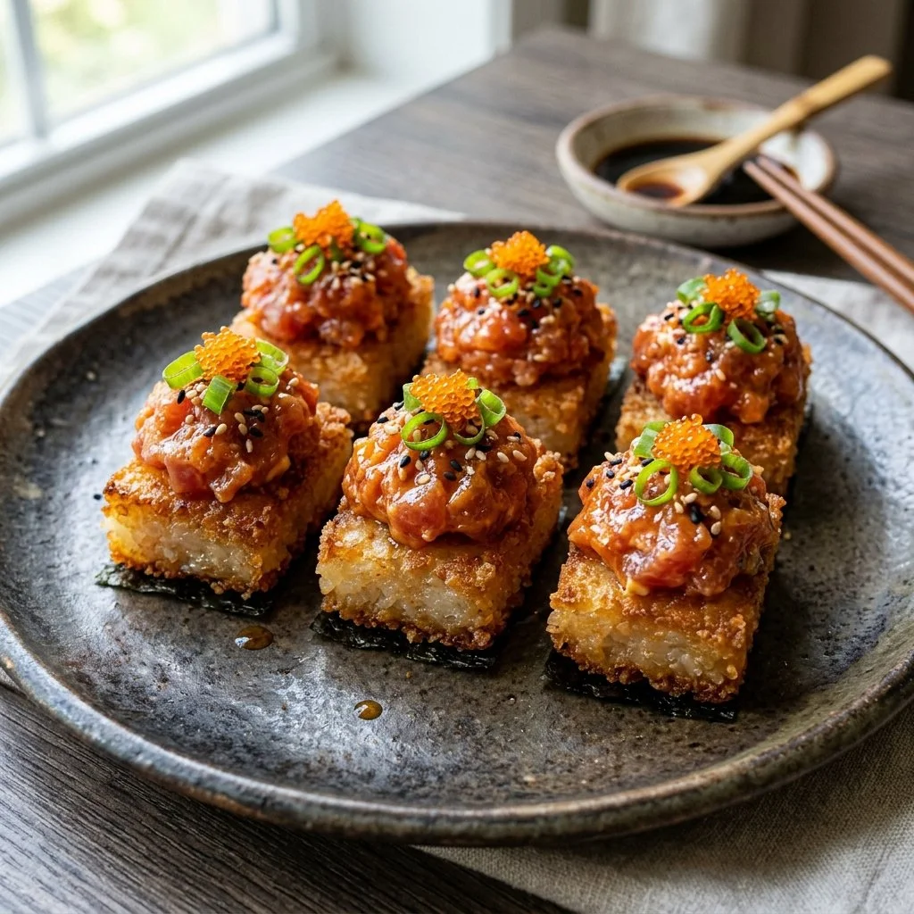 Spicy Tuna Crispy Rice topped with fresh spicy tuna and a drizzle of sauce.
