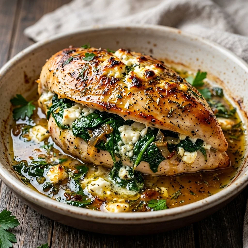 Delicious Spinach Feta Chicken with creamy filling and fresh spinach