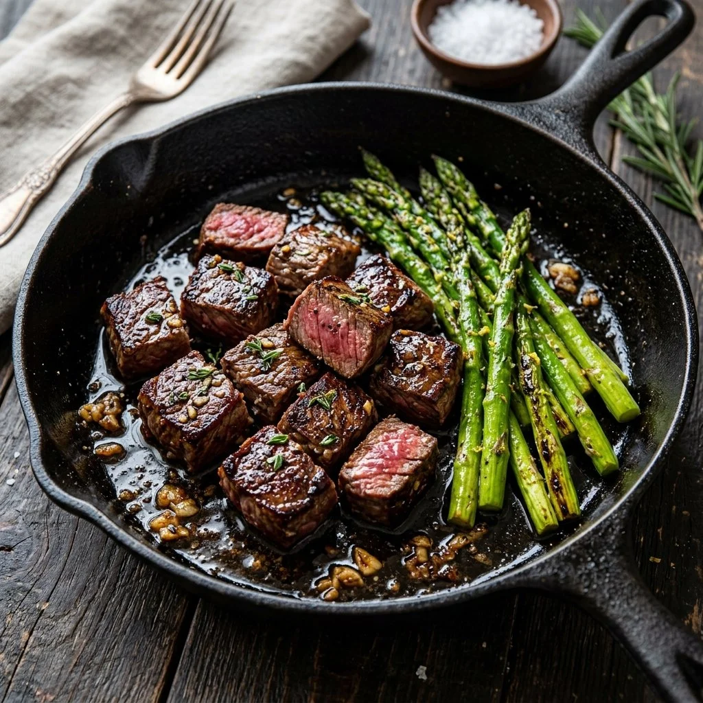 Delicious steak and asparagus skillet dish served on a plate