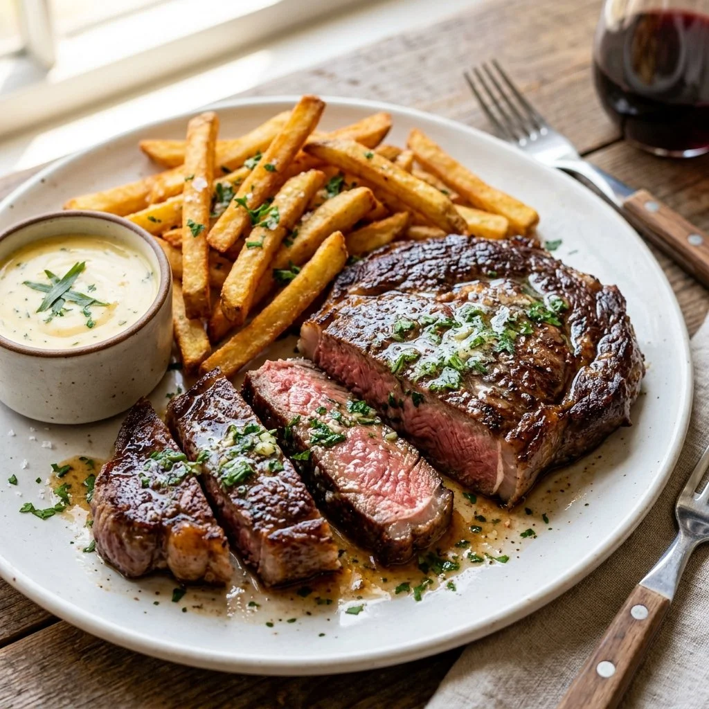 Delicious plate of Steak Frites with tender steak and crispy fries
