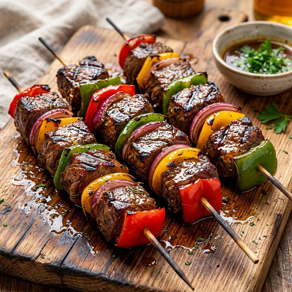 Delicious steak kabob skewers grilled to perfection.