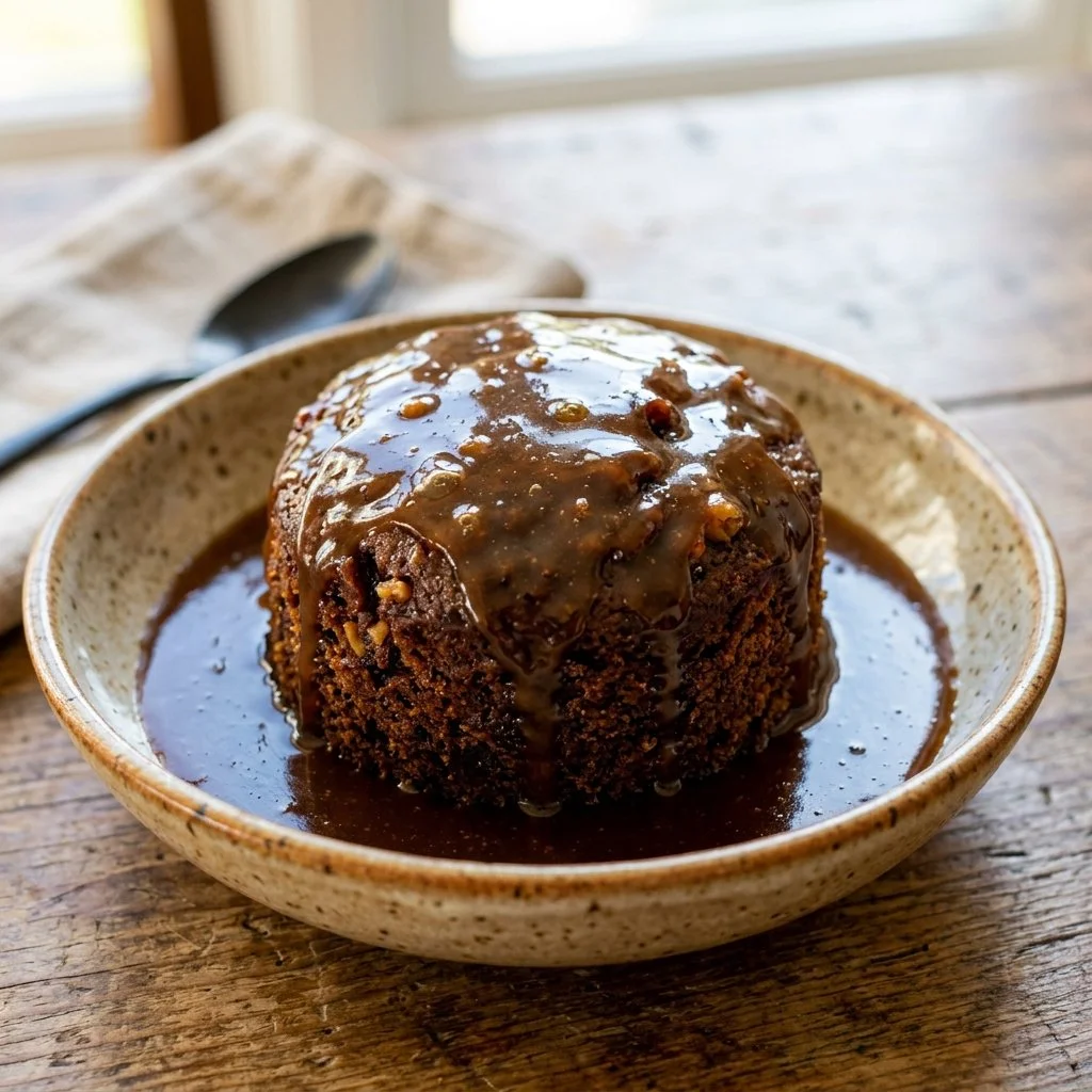 Delicious Sticky Toffee Pudding served with warm toffee sauce and cream