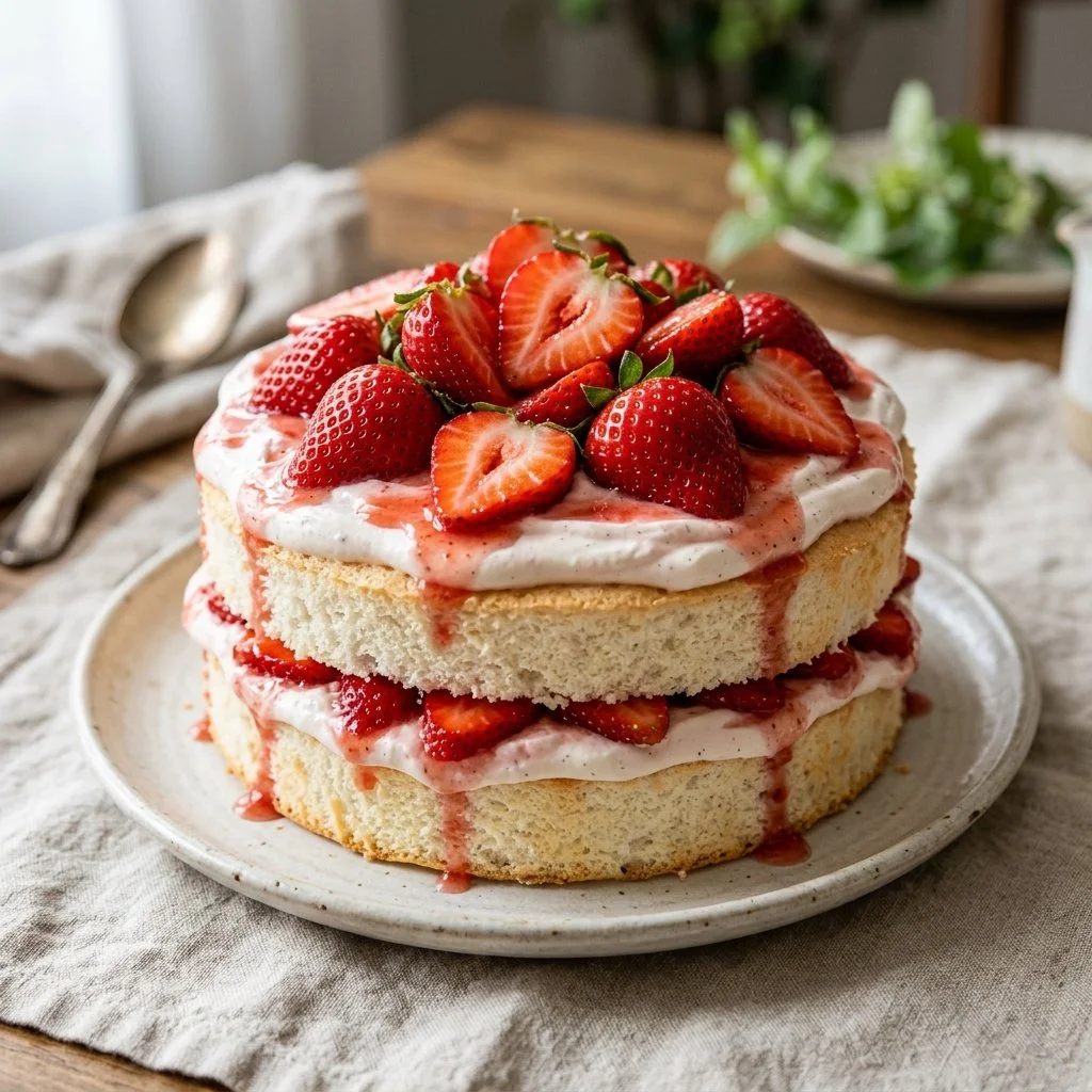 Delicious Strawberry Angel Food Cake topped with fresh strawberries.