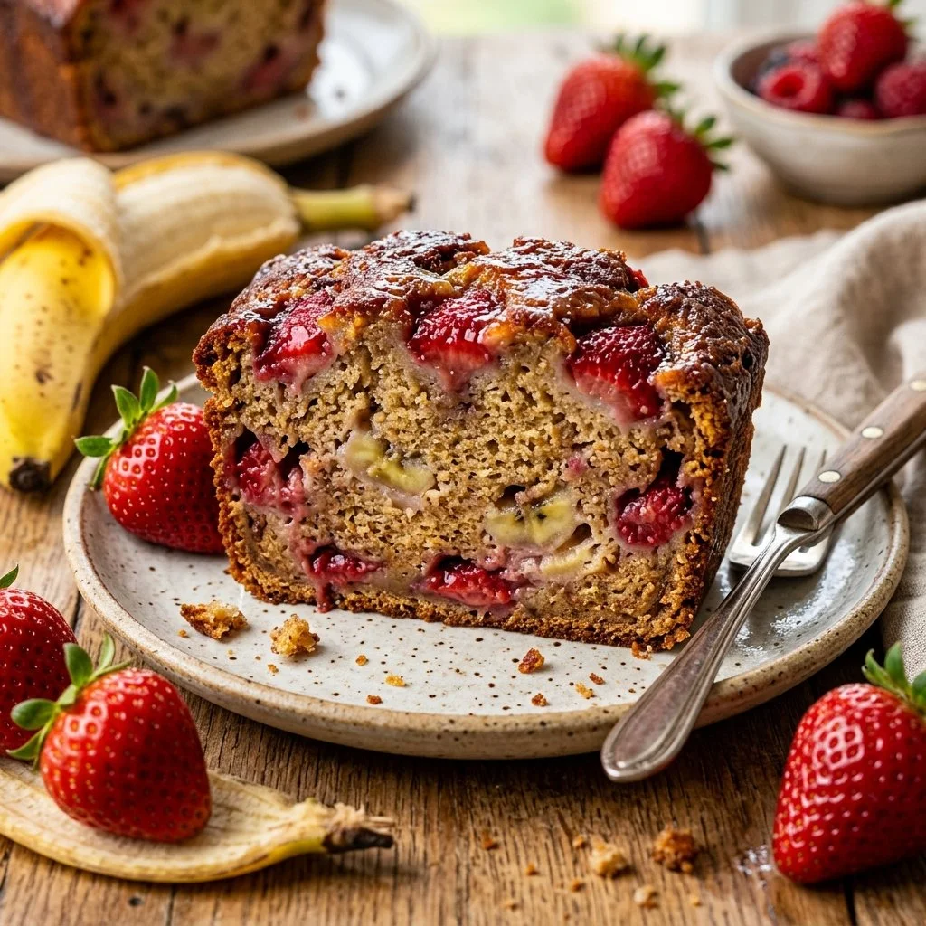 Freshly baked strawberry banana bread with slices and strawberries on top.