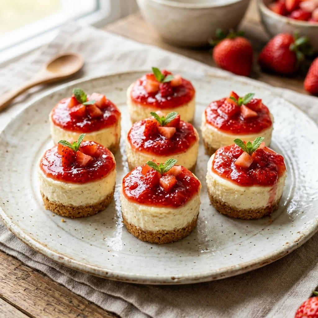 Delicious Strawberry Cheesecake Bites on a platter with fresh strawberries