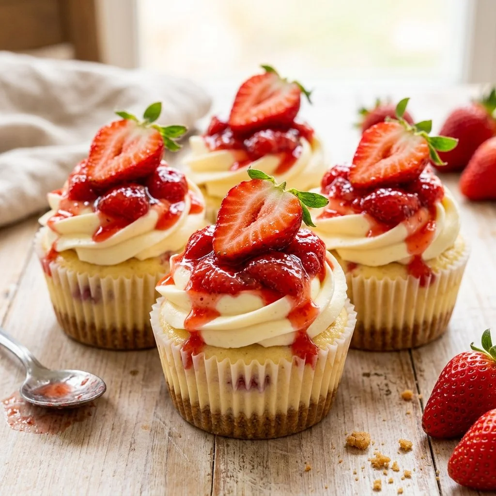 Strawberry cheesecake cupcakes with fresh strawberries and creamy frosting
