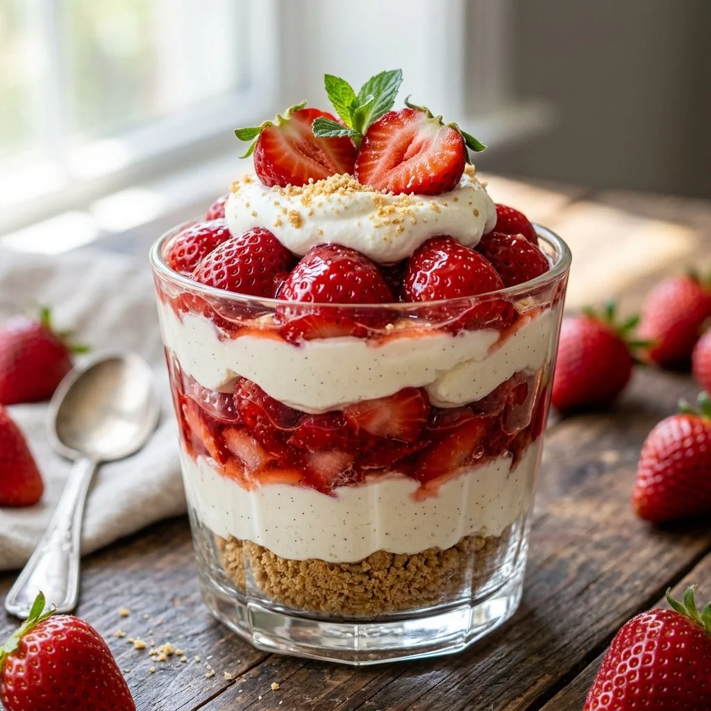 Delicious strawberry cheesecake trifles layered with fresh strawberries and creamy cheesecake.