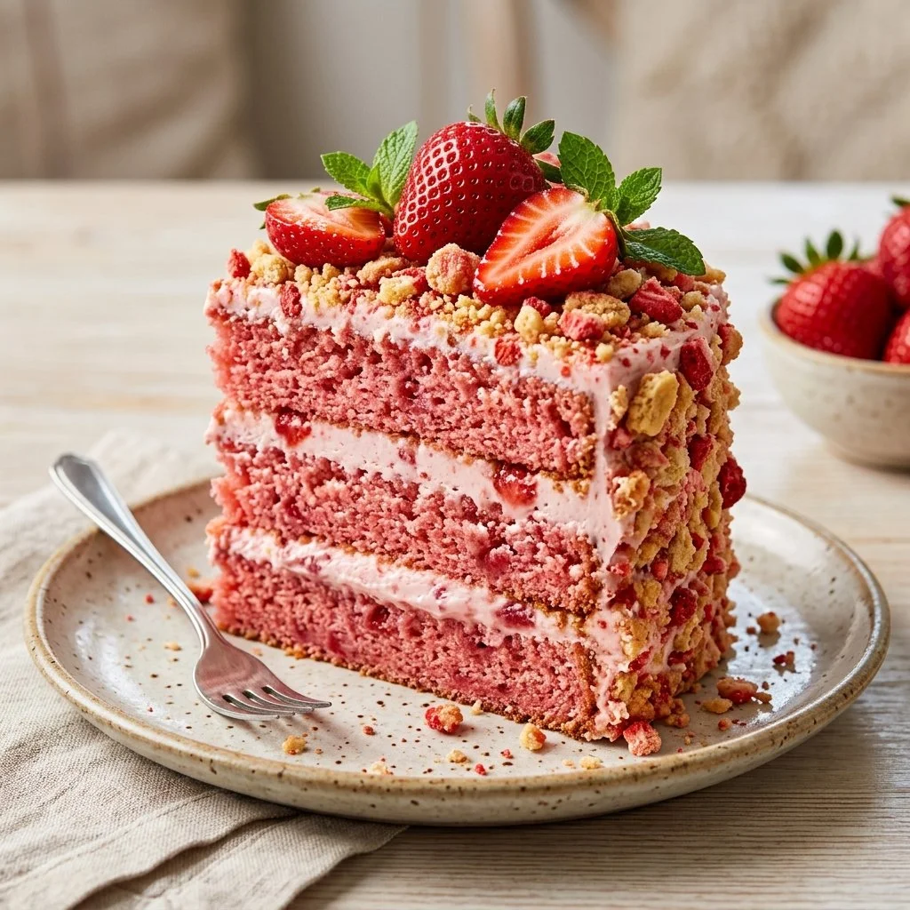 Delicious Strawberry Crunch Cake with fresh strawberries and a crunchy topping