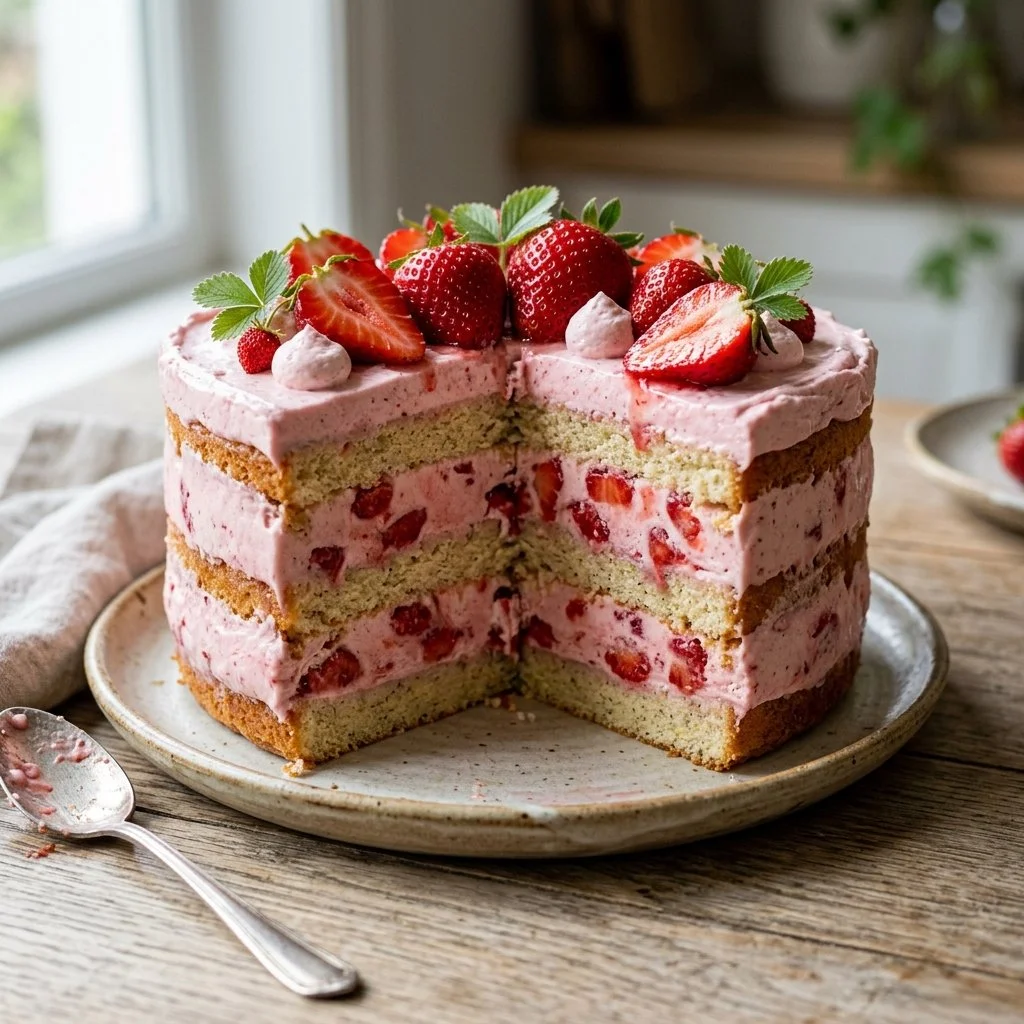 Delicious strawberry ice cream cake topped with fresh strawberries and whipped cream.