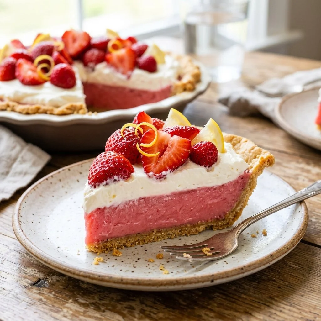 Delicious strawberry lemonade pie slice on a plate