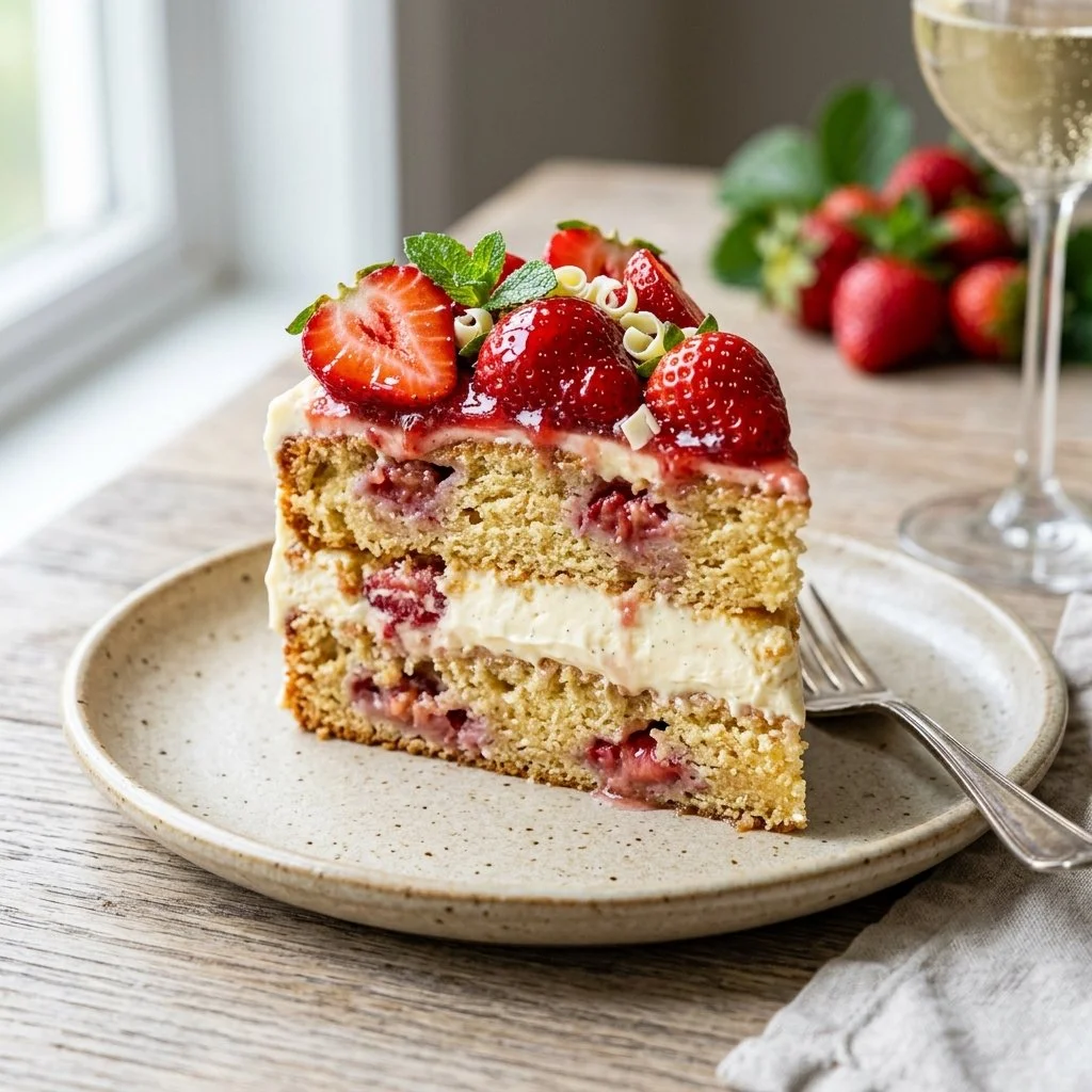 Delicious Strawberry Moscato Cake topped with fresh strawberries and Moscato wine glaze
