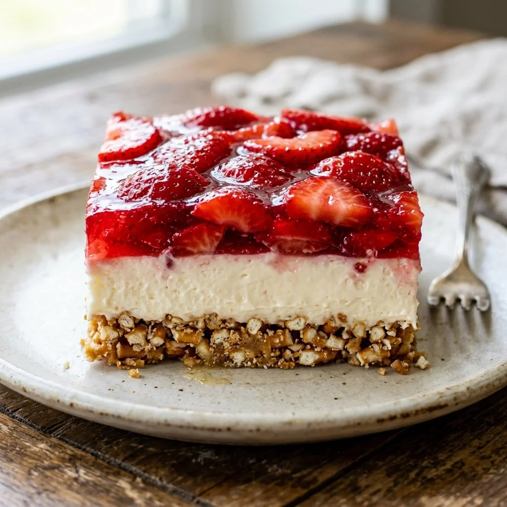 Delicious Strawberry Pretzel Bars dessert with a strawberry topping and pretzel crust
