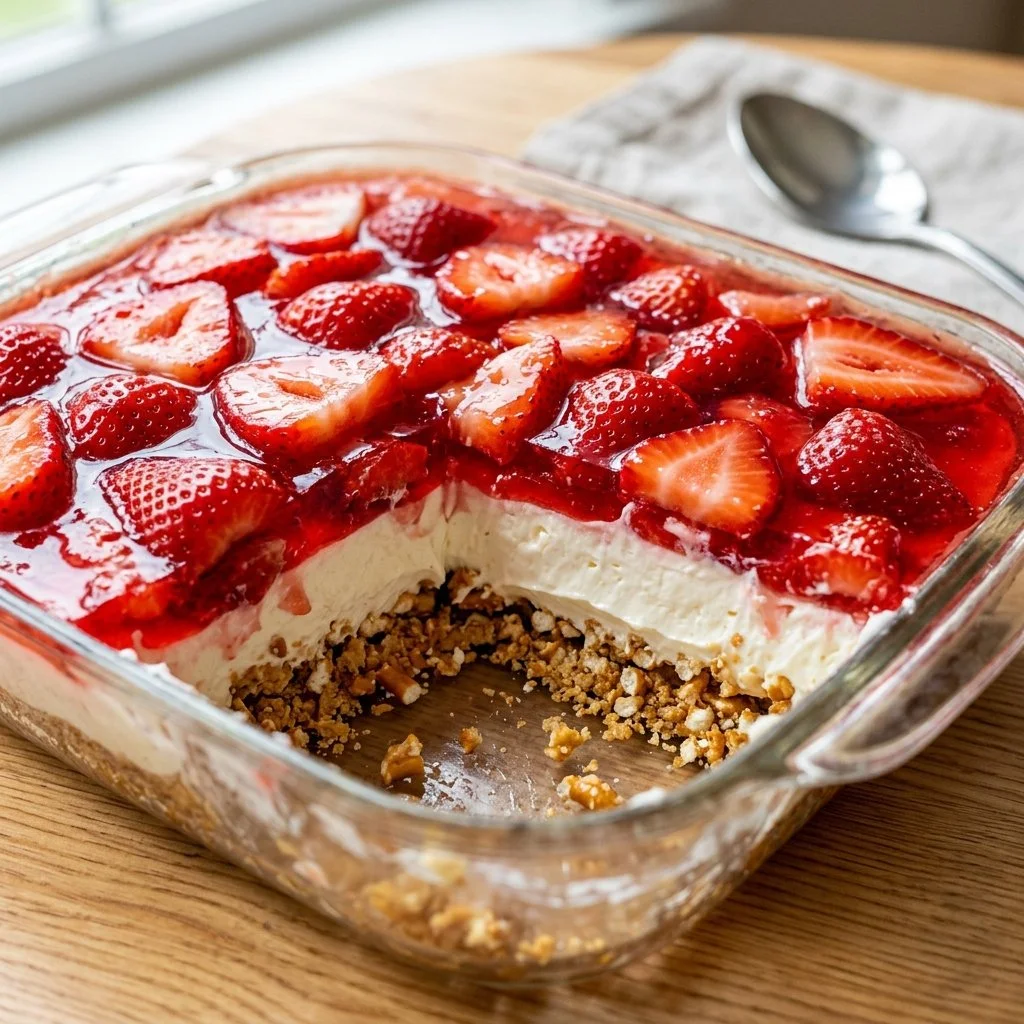 Delicious Strawberry Pretzel Salad with layers of strawberries and pretzel crust