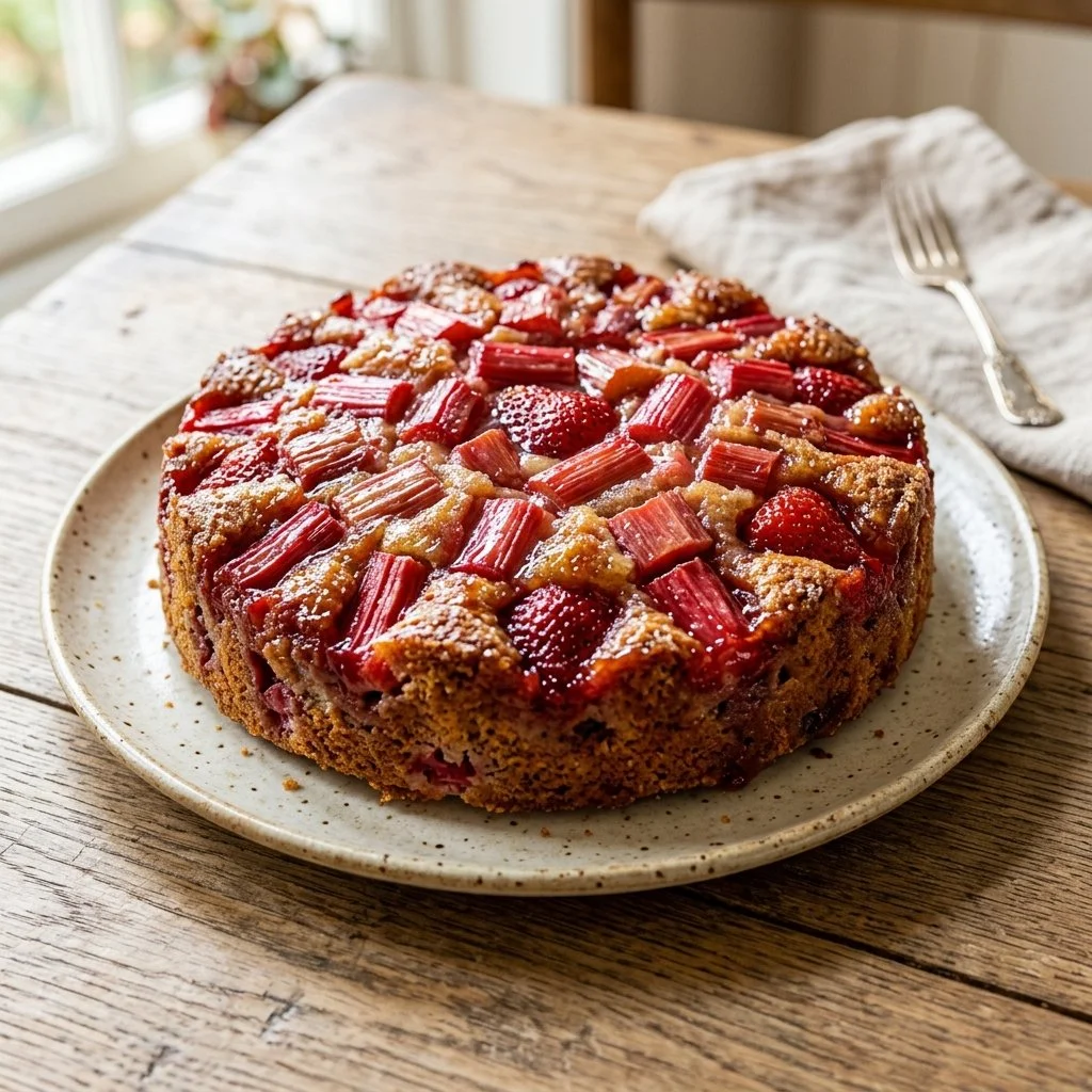 Delicious slice of Strawberry Rhubarb Cake topped with fresh strawberries