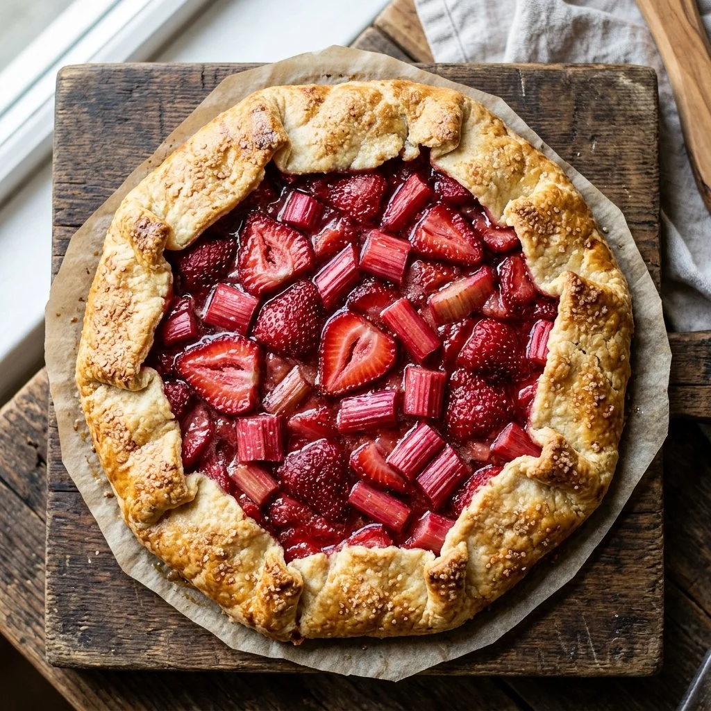 Freshly baked Strawberry Rhubarb Galette with a golden crust and fruit filling.