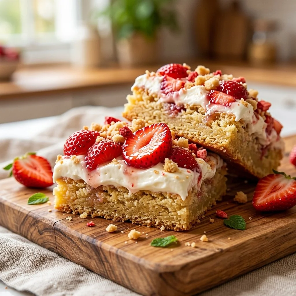 Delicious Strawberry Shortcake Bars topped with fresh strawberries and whipped cream.