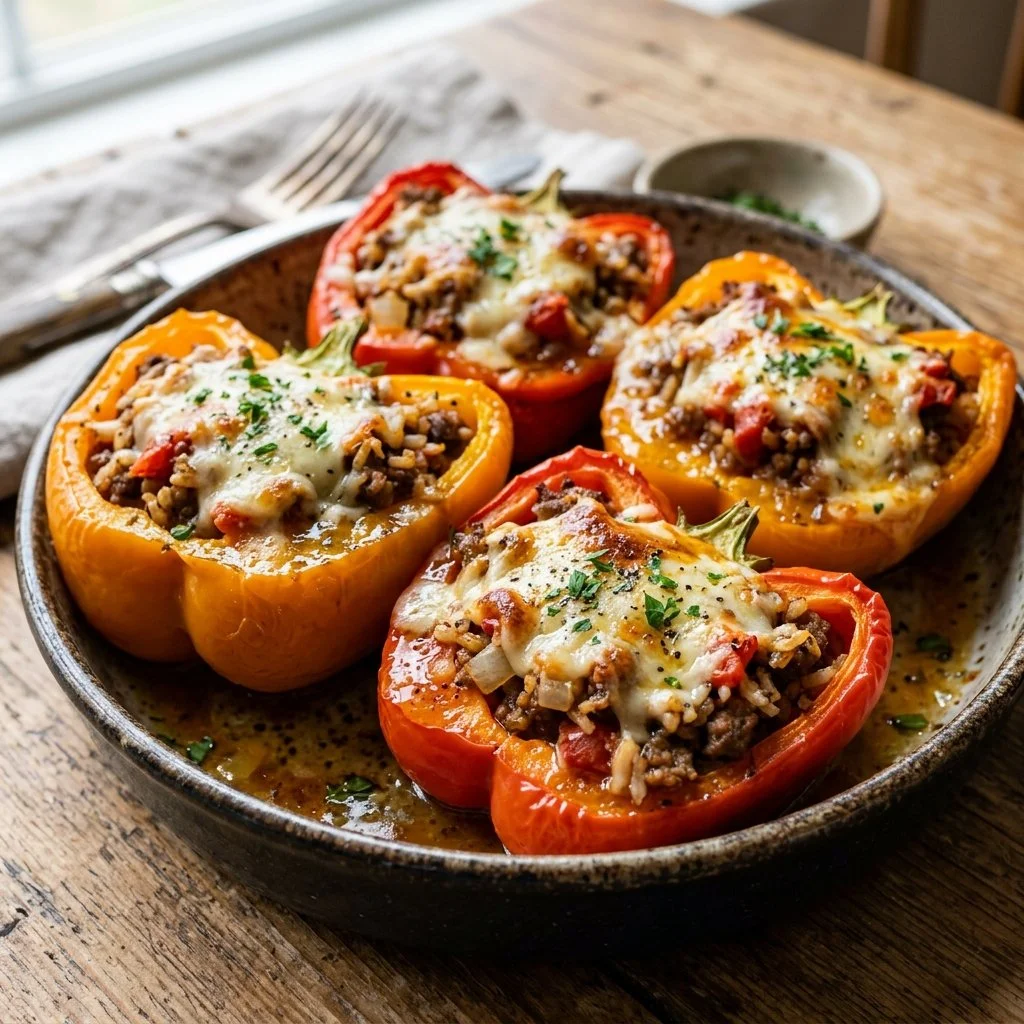 Colorful stuffed bell peppers filled with meat and vegetables