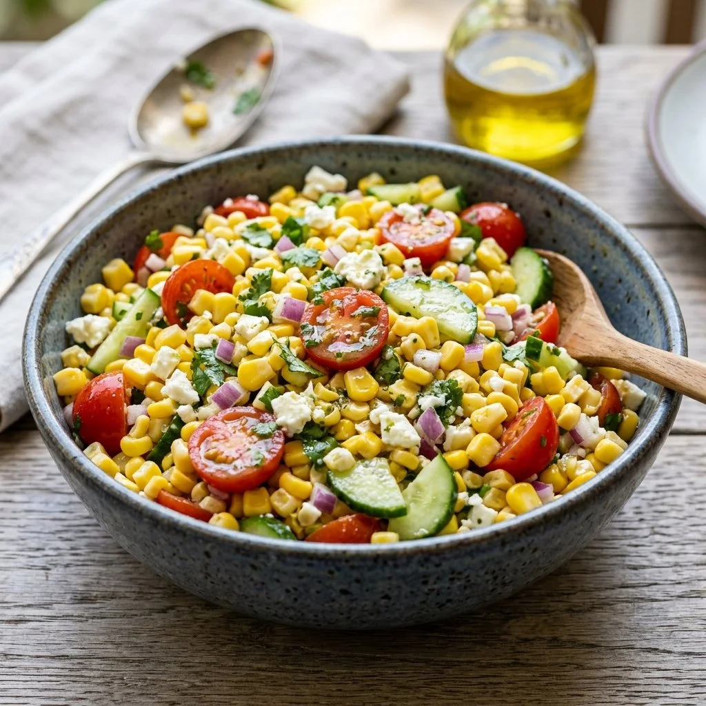 Colorful summer corn salad with fresh vegetables and herbs