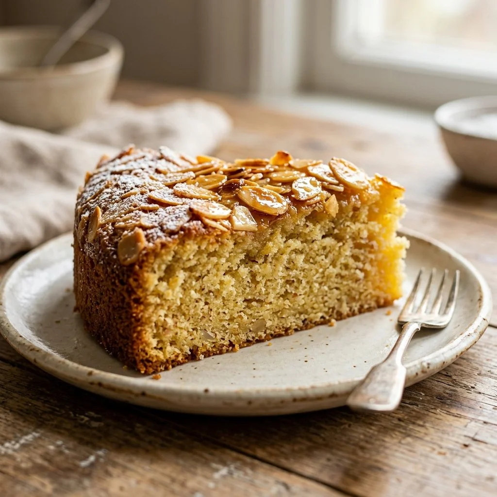 Delicious Swedish Almond Cake topped with almonds and powdered sugar