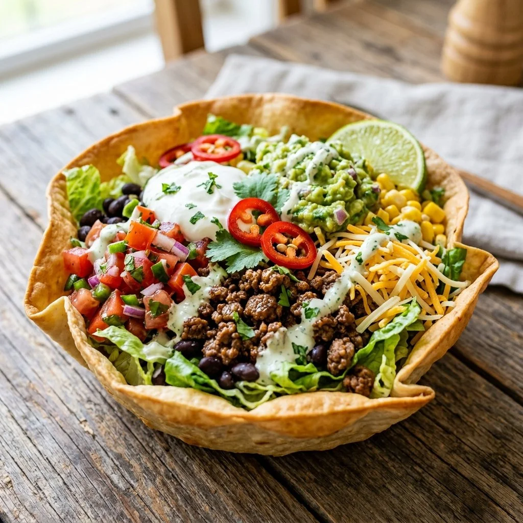 Colorful and fresh Taco Salad Bowl with toppings and ingredients.