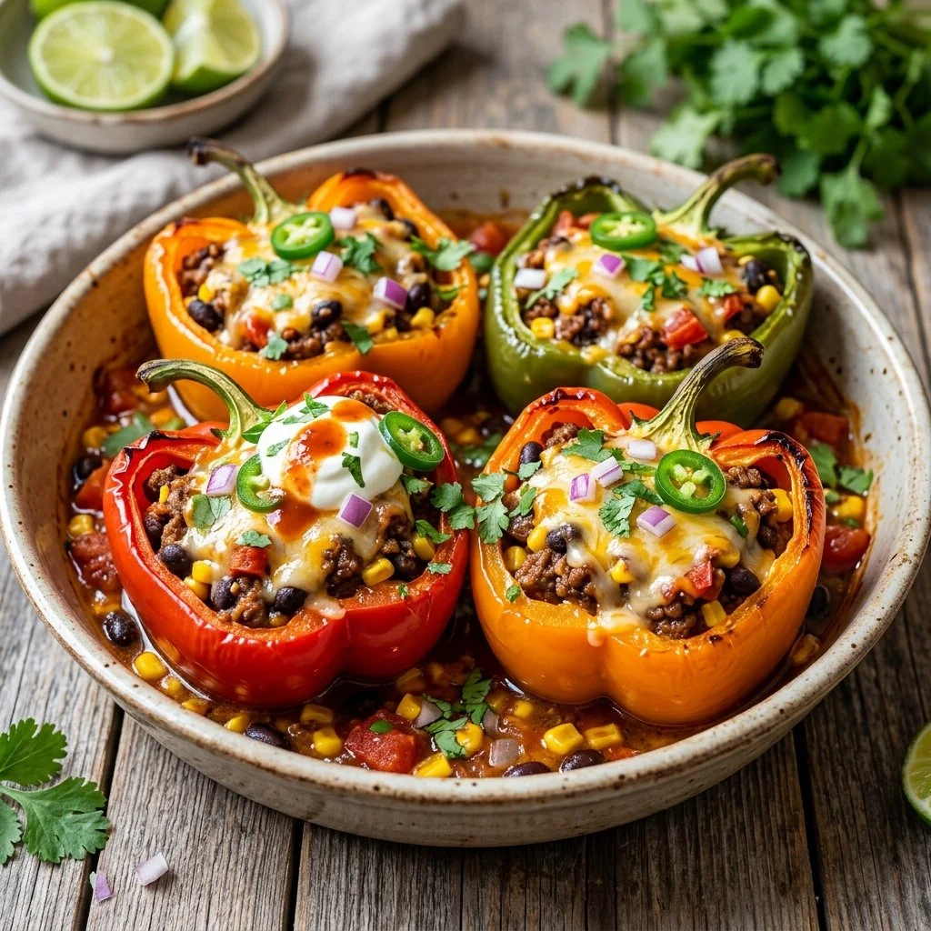 Taco stuffed peppers filled with seasoned meat, cheese, and vegetables