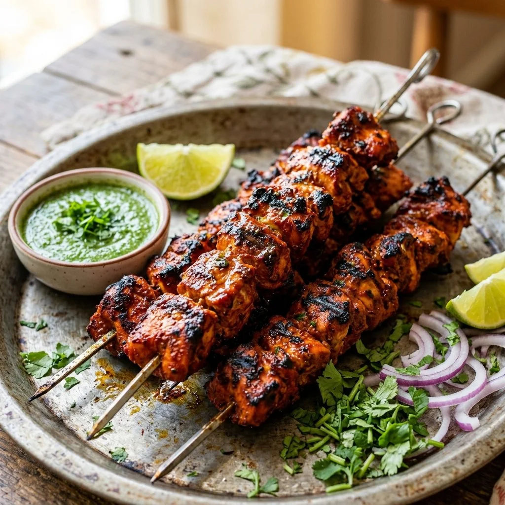 Delicious tandoori chicken skewers ready for grilling