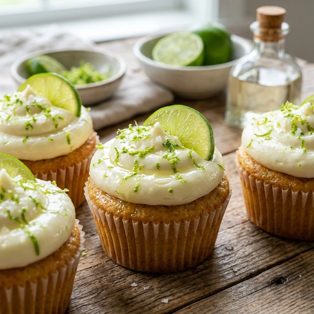 Delicious tequila lime cupcakes topped with lime frosting on a white plate.