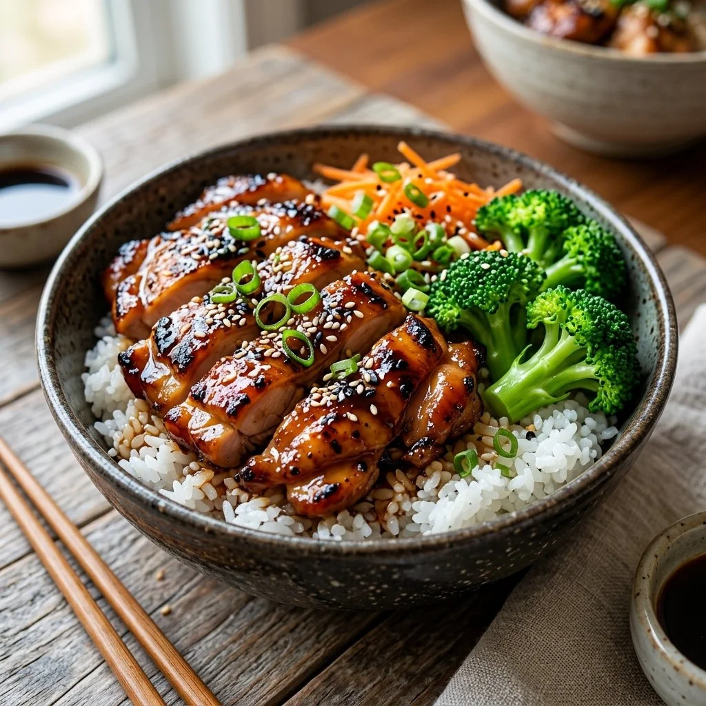 Delicious teriyaki chicken bowl with steamed vegetables and rice