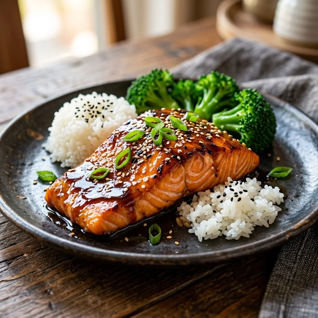 Grilled teriyaki salmon with sesame seeds and green onion garnish