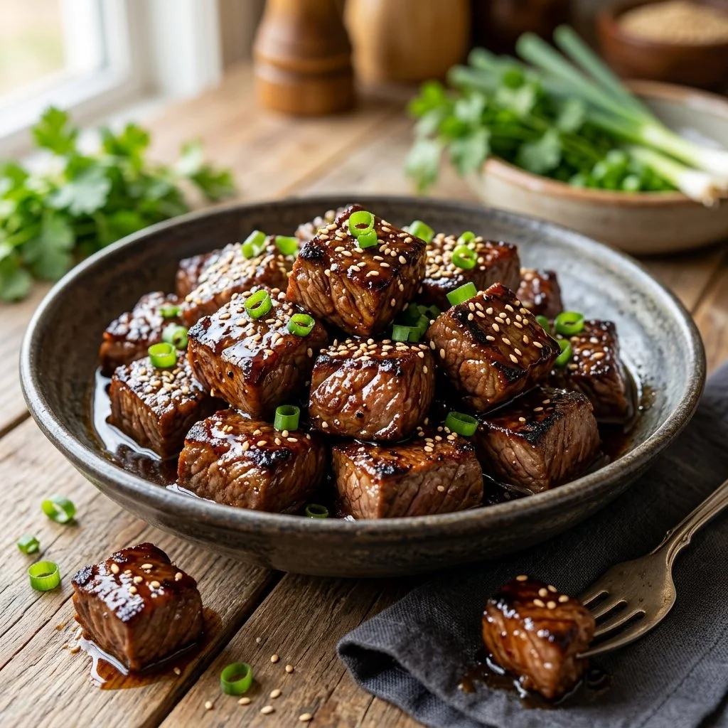 Succulent teriyaki steak bites garnished and ready to serve