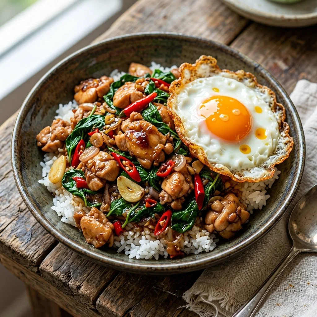 Delicious plate of Thai Basil Chicken served with fresh basil and rice