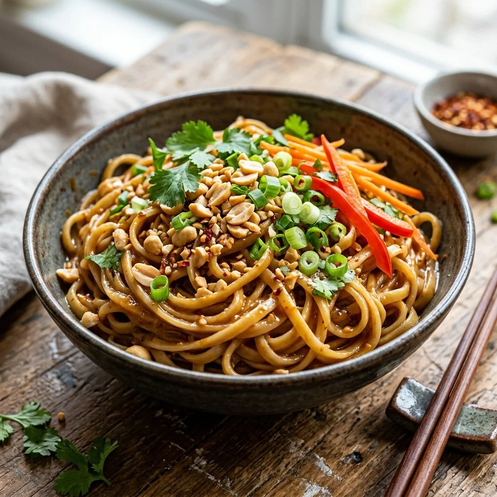 Delicious bowl of Thai Peanut Noodles garnished with fresh herbs and vegetables