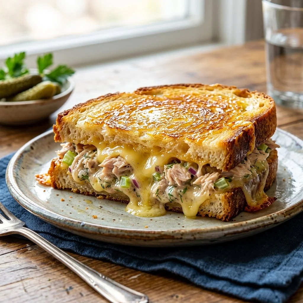 Delicious homemade tuna melt sandwich with melted cheese and toasted bread