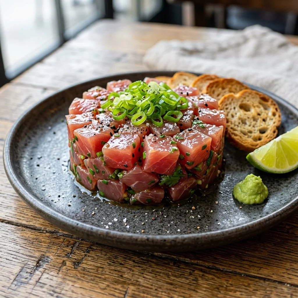 Delicious Tuna Tartare served with avocado and sesame seeds
