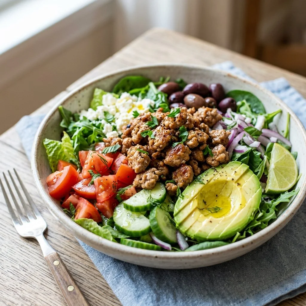 Healthy Turkey Burger Salad with fresh ingredients in a bowl.