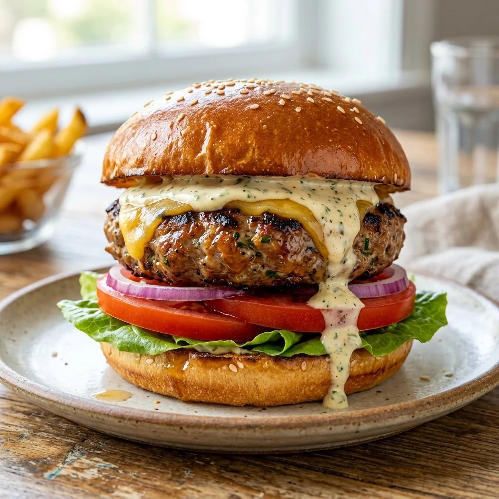 Juicy turkey burger served with fresh vegetables and condiments