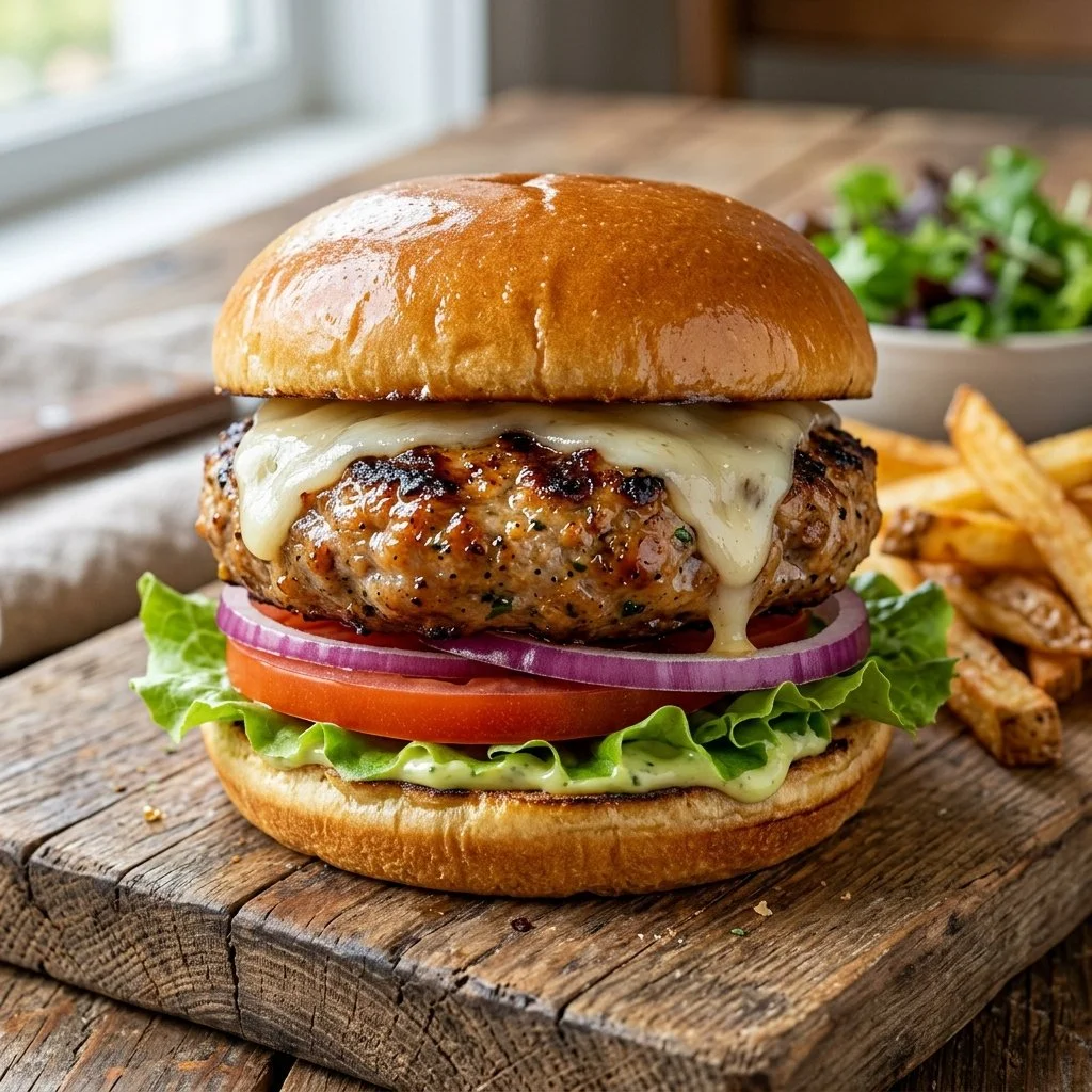 Juicy homemade turkey burgers served on a plate with fresh toppings and condiments.