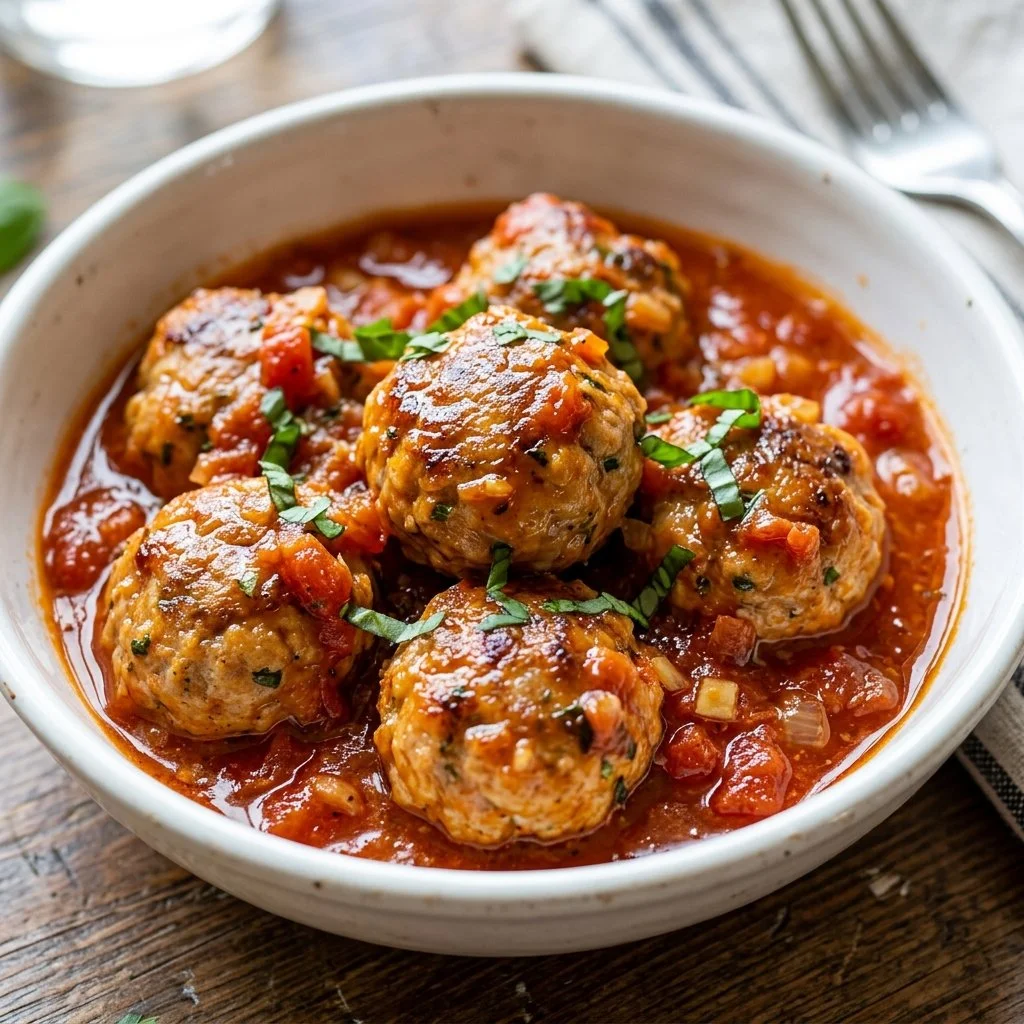 Baked turkey meatballs served with marinara sauce and spaghetti