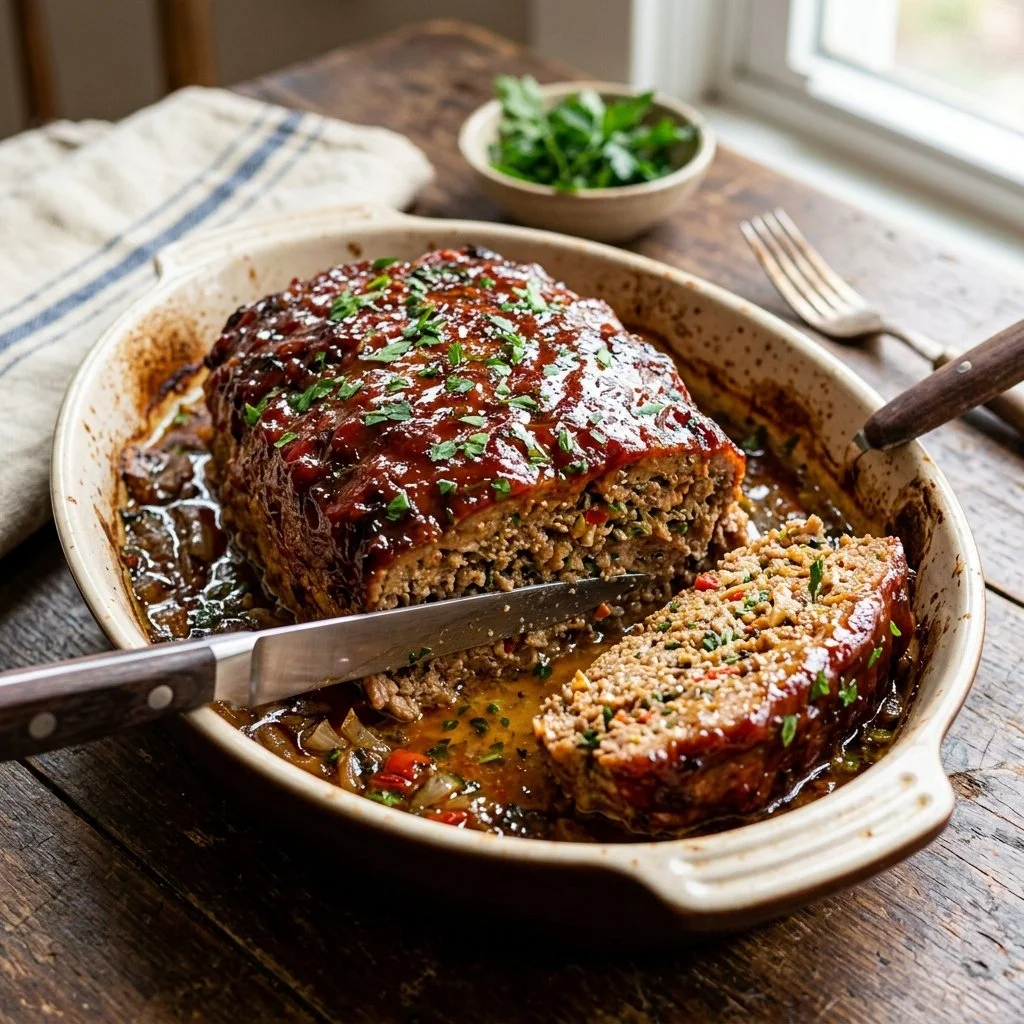 Delicious homemade turkey meatloaf served on a plate with vegetables.