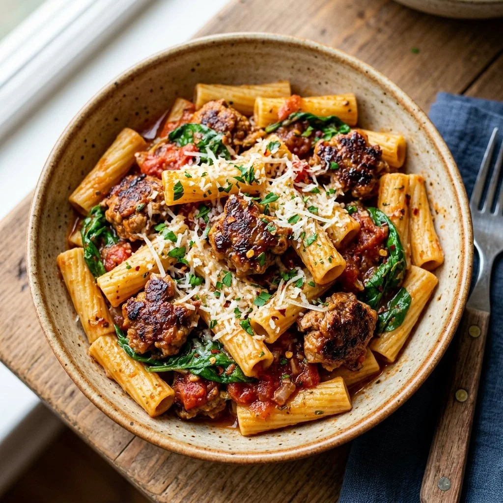 Plate of Turkey Sausage Pasta garnished with herbs and spices.