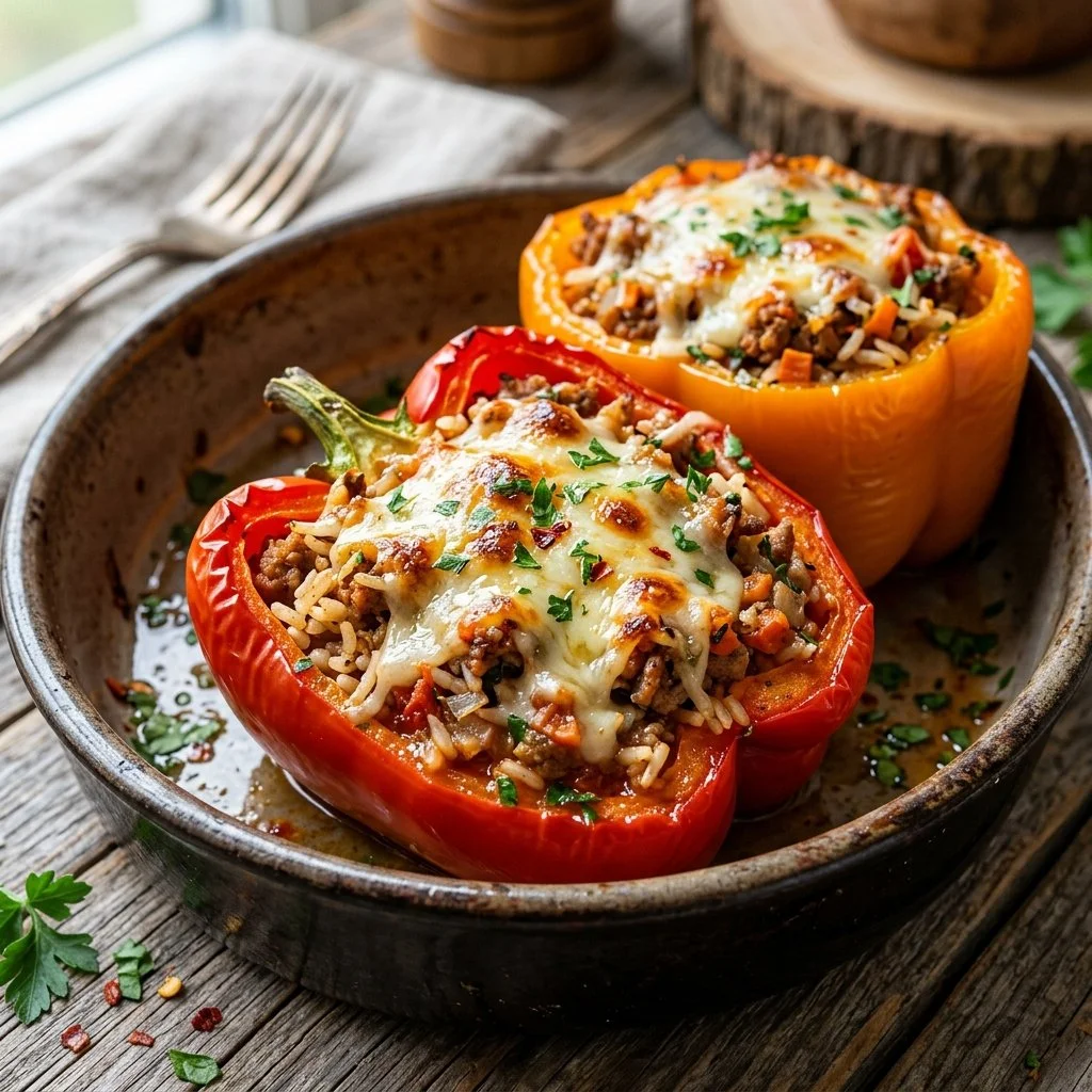 Delicious turkey stuffed peppers fresh out of the oven, ready to be served.