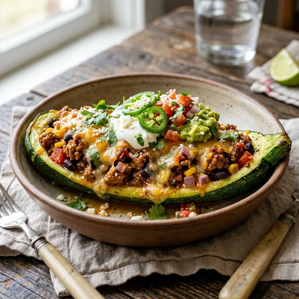 Turkey taco stuffed zucchini dish topped with cheese and fresh herbs