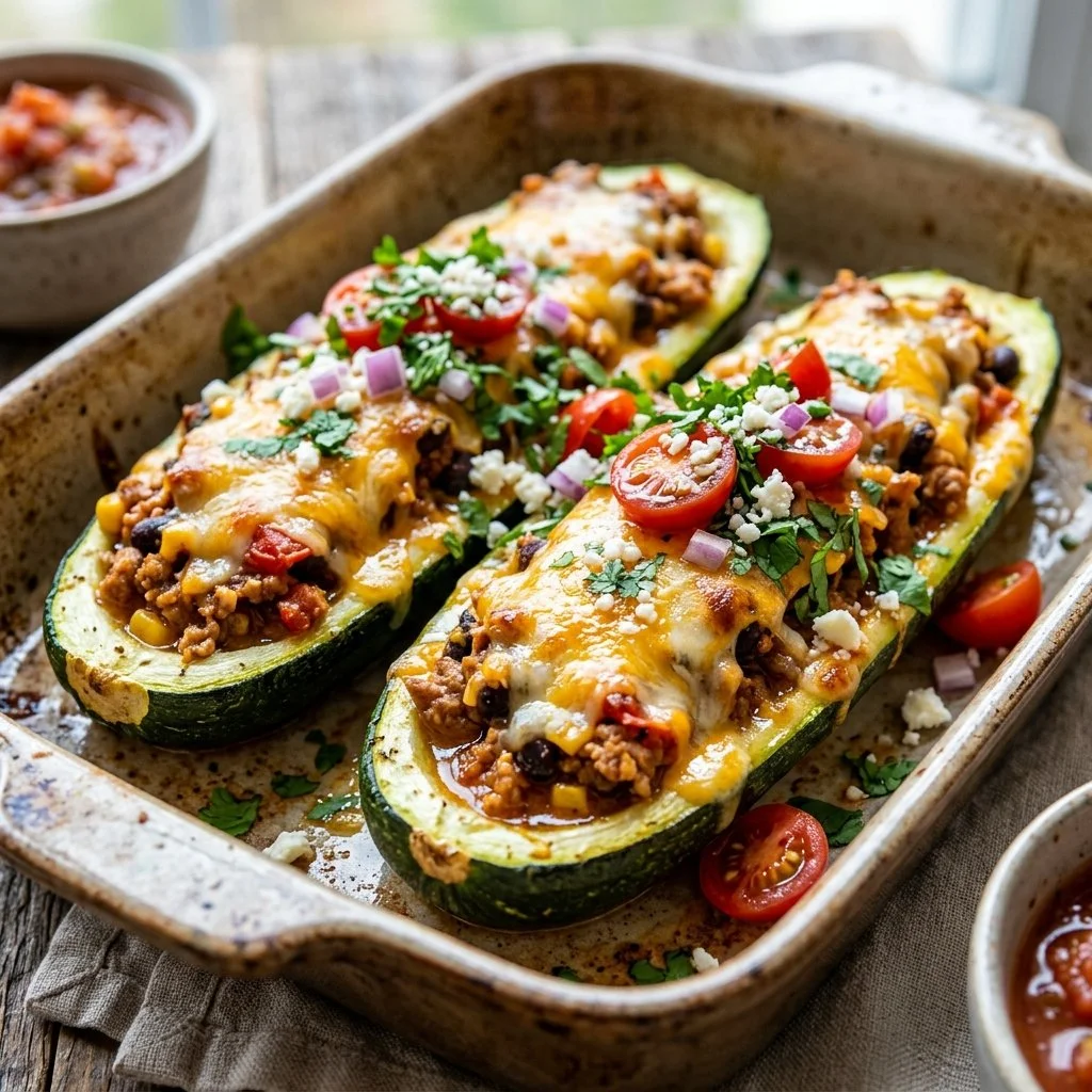Turkey Taco Zucchini Boats filled with seasoned turkey and toppings.