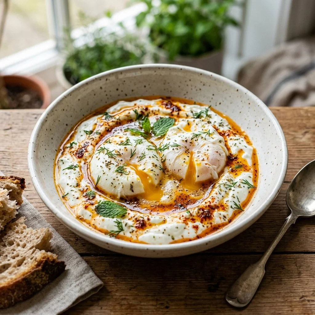 Plate of delicious Turkish Eggs served with spices and yogurt