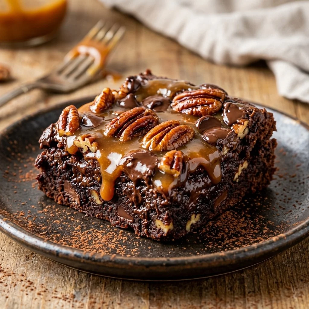 Delicious turtle brownies topped with caramel and pecans