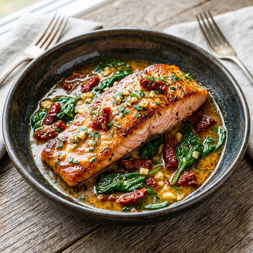 Delicious Tuscan Butter Salmon with herbs and creamy sauce on a plate